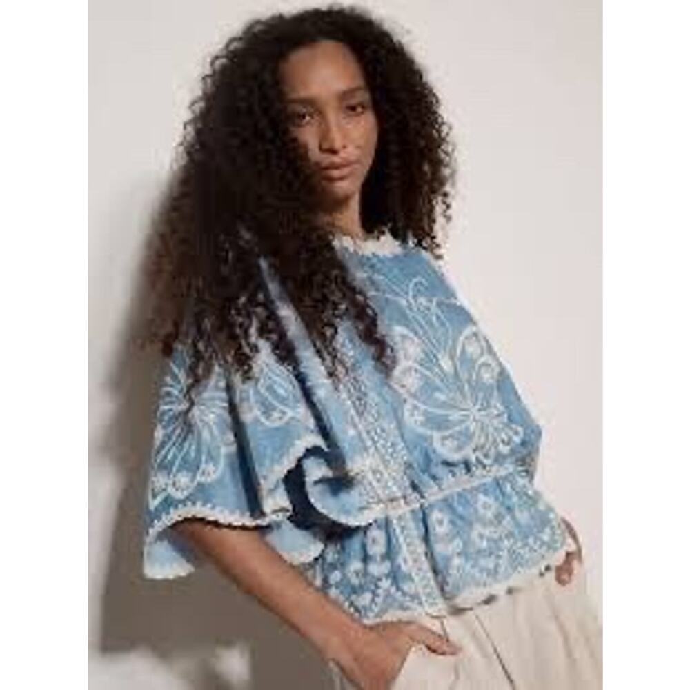 Boho Blue Embroidered Butterfly & Floral Blouse Top – Size Medium
